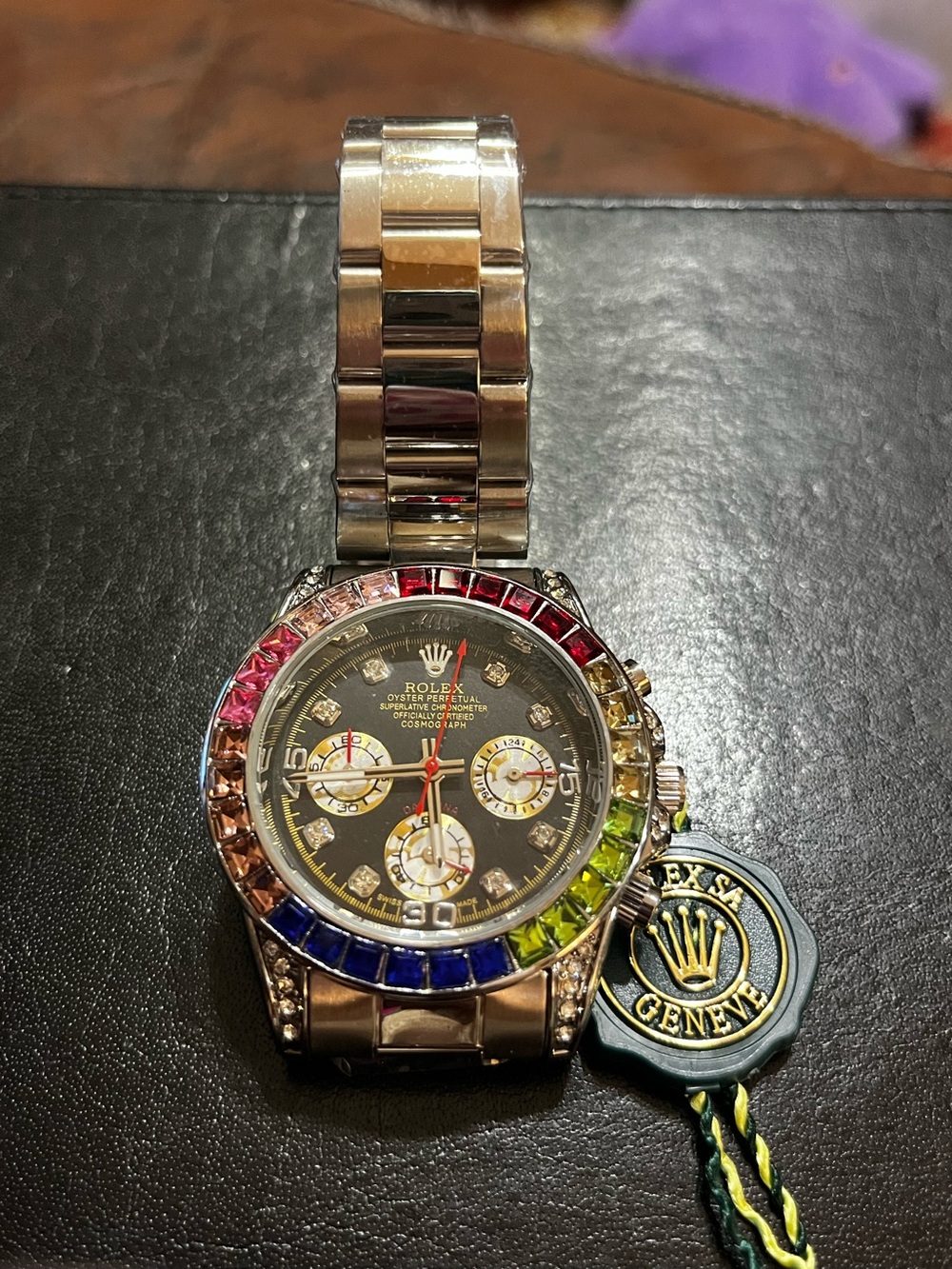 “R” Designer Brand Colorful Rhinestone Silver Tone Watch